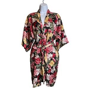 Vintage Inner Most Womens Floral‎ Robe Kimono Sz M Red Yellow Roses Loungewear